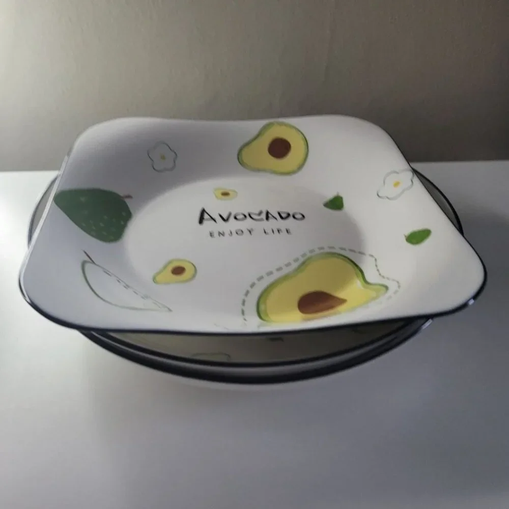 Avocado Enjoy Life Plate Bowl Dish‎ Set 3 Piece Raise Side Green Ceramic Toast